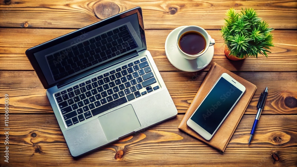 Poster candid shot of a smartphone and laptop on an elegant wooden table with a notebook and pen, capturing