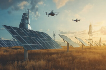 A futuristic solar farm under surveillance with drones flying overhead, symbolizing the security of renewable energy sources during global tensions.
