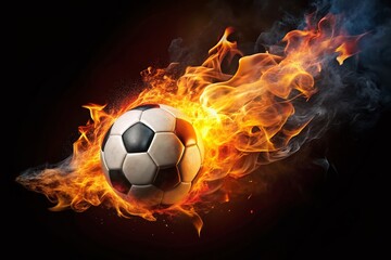 Fototapeta premium Captivating Aerial Shot of a Flaming Football Soaring Through the Air Against a Dark Backdrop, Emphasizing the Intensity and Motion of the Blaze