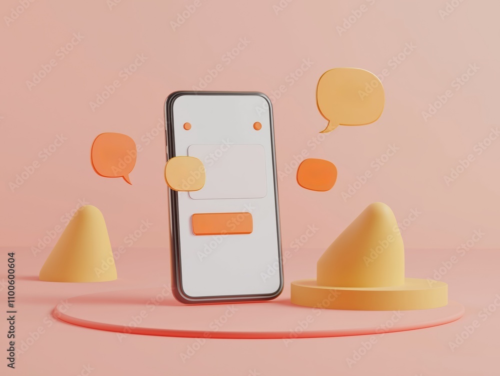 Poster 3d smartphone app interface mockup with chat bubbles. social media app conversation concept. minimal
