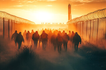 A heavily guarded border with fences, watchtowers, and lines of migrants, highlighting the global migration crisis and border security challenges.
