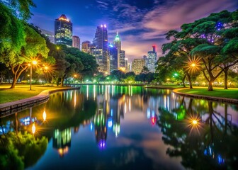Naklejka premium Captivating Architectural Photography of Lumpini Park at Night, Illuminated by Vibrant City Lights and Reflections in the Water, Showcasing Modern Bangkok's Urban Charm