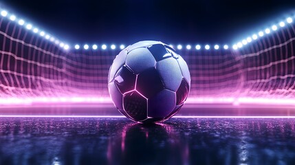 Empty stadium, soccer ball perfectly on the goal line, spotlight effect