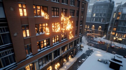Obraz premium Fiery blaze engulfs a skyscraper in Berlin, smoke billowing into the sky as onlookers and emergency responders gather below