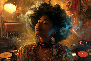 Black Woman Listening to Vinyl Records in a Retro Artistic Setting. closed eyes