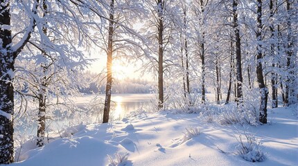 Fototapeta premium Frosty forest landscape with snow-covered trees, frozen lake in the background, and a warm sun peeking through the frost, natural beauty, frost