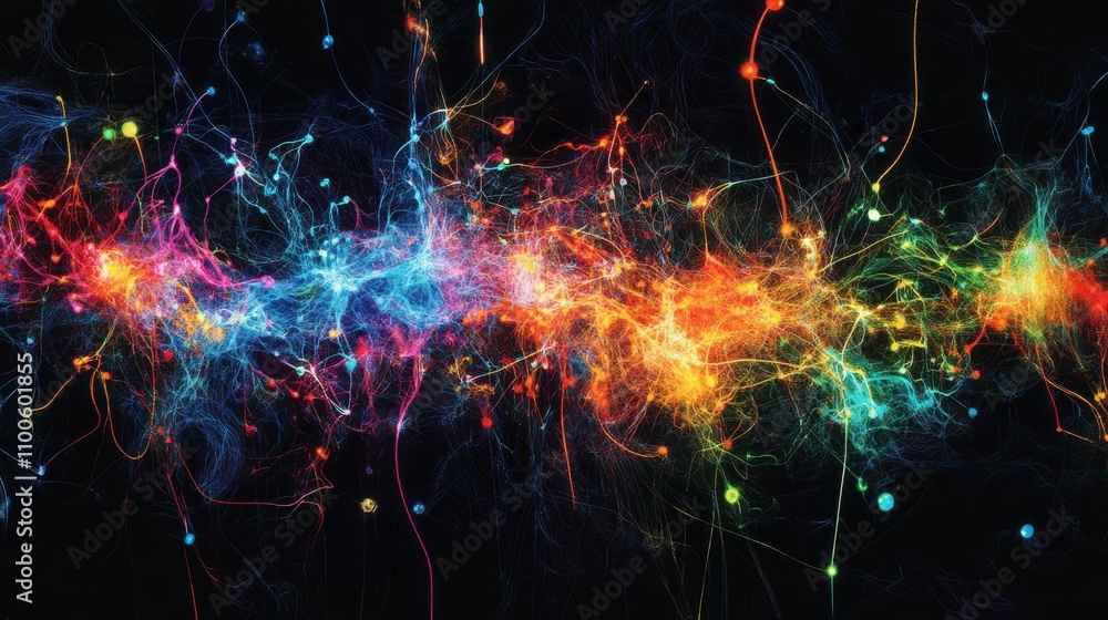 Poster vibrant visualization of neural activity in human brain, colorful synapses firing across intricate n