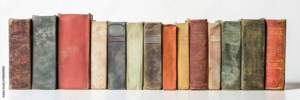 Poster a diverse collection of books displayed in a straight line against a simple white backdrop, highligh