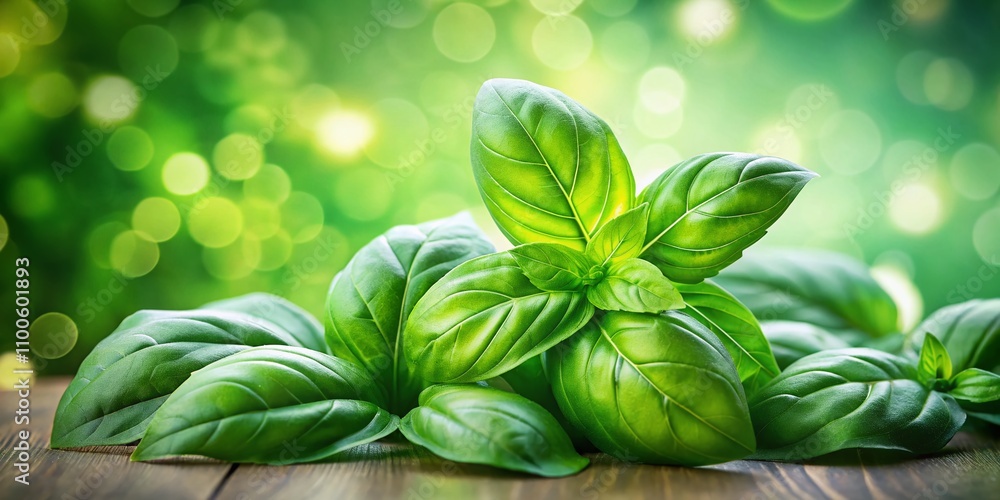 Poster captivating bokeh effect with isolated fresh basil leaves on a soft background for culinary and bota