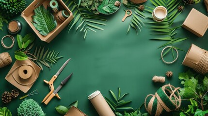 Natural Craft Supplies on Green Background