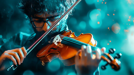 Fototapeta premium Cinematic portrait of focused violinist playing under dramatic stage light, creating emotional atmosphere
