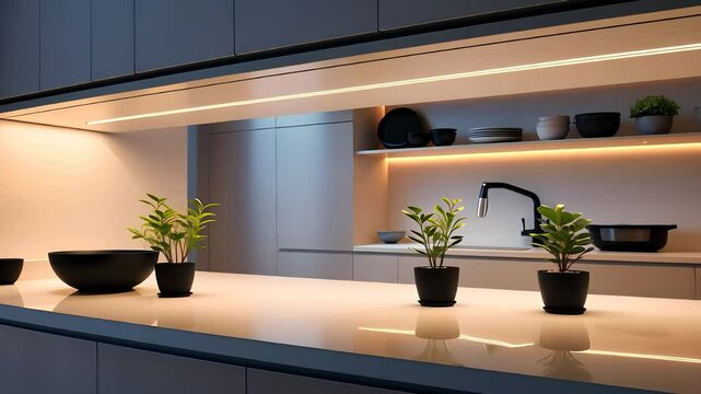 Modern Minimalist Kitchen with Underlit Cabinets and Potted Plants

