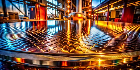 Obraz premium Captivating Candid Photography of a Polished Metal Plate Reflecting Light and Texture in a Dynamic Setting, Showcasing the Beauty of Industrial Design and Modern Aesthetics