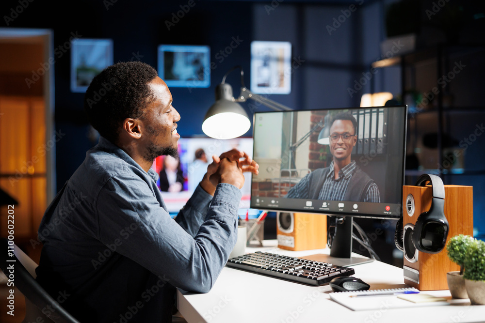 Poster student attending training course with expert on videocall, meeting with trainer online on class pro