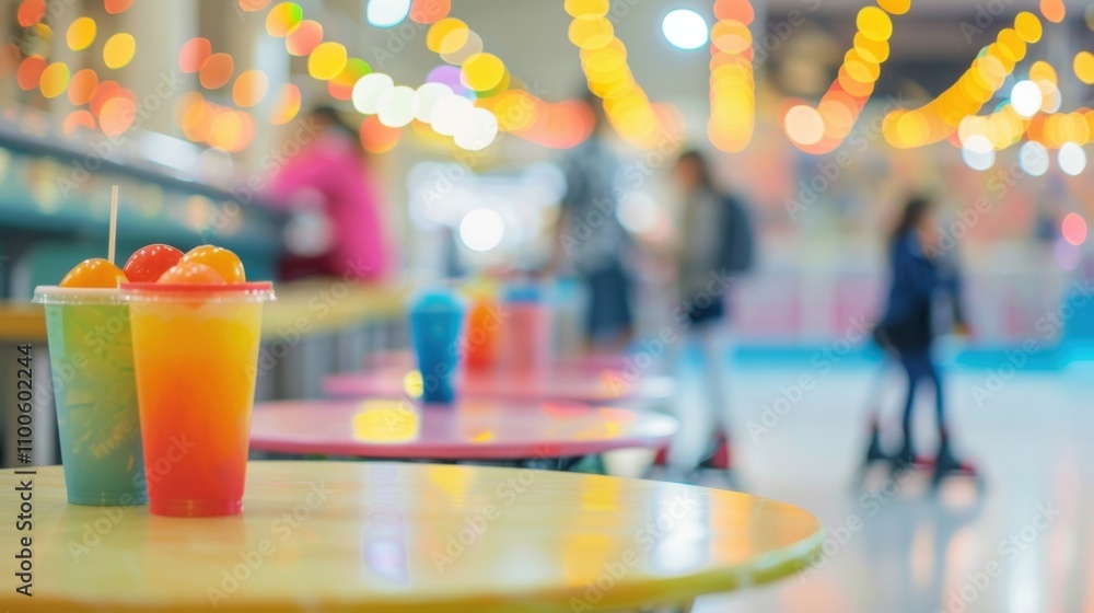 Poster defocused tables lined with colorful snacks and refreshments for a break from skating.