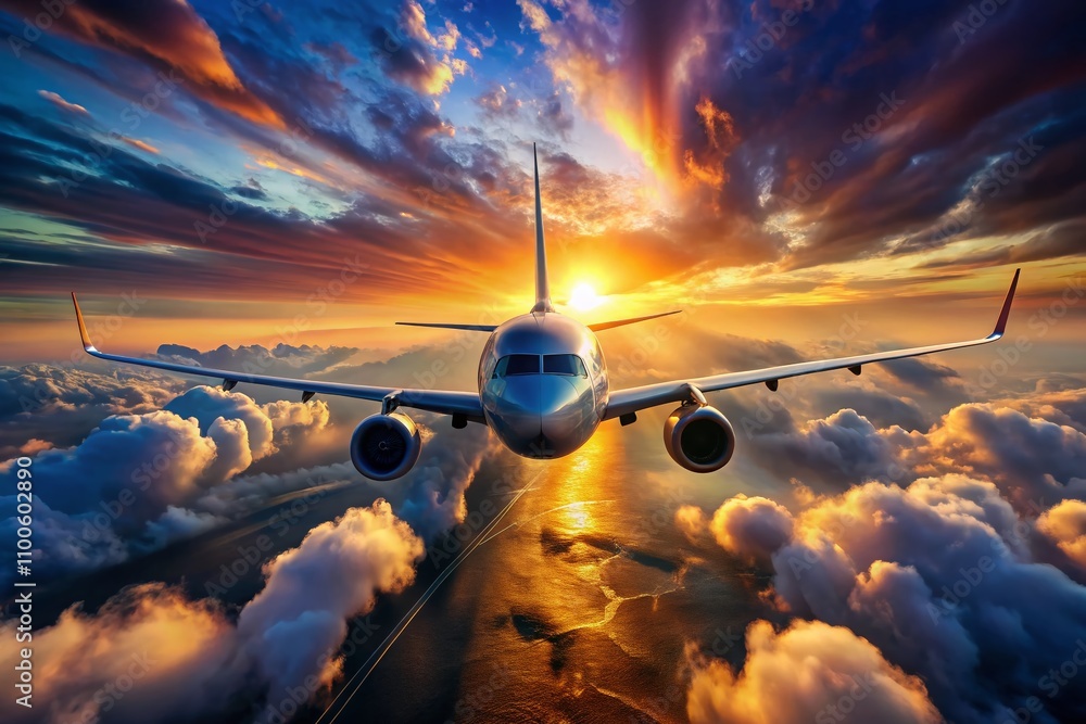 Poster captivating composite 3d image of a modern airplane in a dynamic sky setting, showcasing innovative 