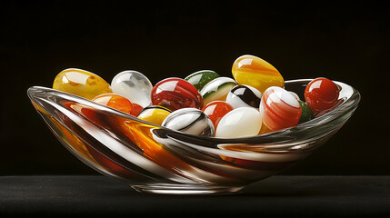 stunning glass bowl filled with colorful marbles, showcasing vibrant hues and intricate designs. artistic arrangement creates captivating visual display