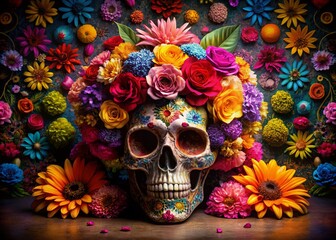 Captivating Day of the Dead Skull Decorated with Vibrant Flowers in a Fashion Photography Style, Showcasing Intricate Details and Cultural Significance for an Artistic Background