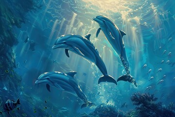 Naklejka premium Dolphins swimming gracefully in a vibrant underwater world illuminated by sunlight in a serene ocean environment