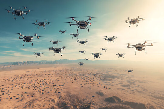 A swarm of military drones flying over a desert, symbolizing the advanced technology used in modern military conflicts and global security challenges.
