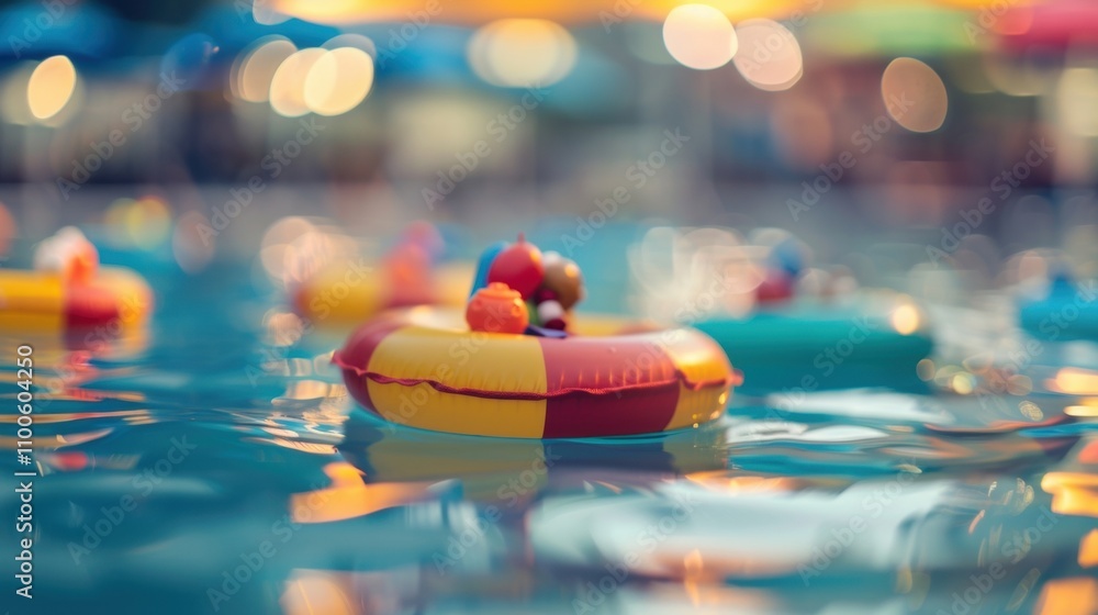 Poster hazy sea of pool rafts and floating figures.