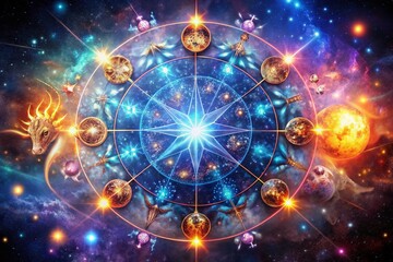 Obraz premium Captivating Double Exposure Photography Illustrating Zodiac Signs with Astrological Symbols and Horoscope Elements for a Unique Celestial Experience