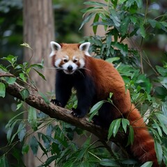 A red panda perched on a tree branch, surrounded by lush green leaves, showcasing its vibrant fur and playful demeanor.