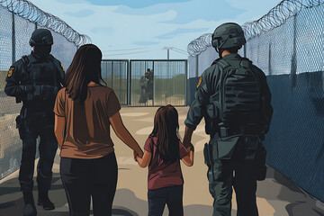 A family being separated at a border checkpoint during deportation, highlighting the emotional and human impact of forced migration policies.
