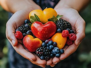 Closeup of hands holding heartshaped fruits, symbolizing heart health, natural light