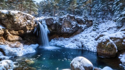 Stunning winter landscape with a frozen waterfall flowing into a turquoise pool, surrounded by snow-covered rocks and trees, creates a mesmerizing scene