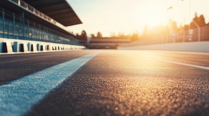 Fototapeta premium A racetrack with a focus on the starting blocks and track texture, outdoor setting with bright midday sun, Minimalist style