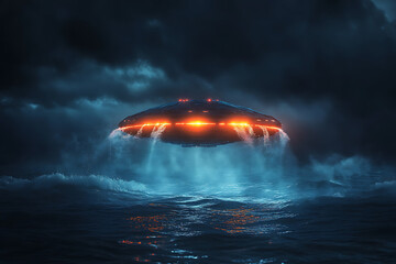 Obraz premium A UFO captured mid-dive into the ocean, half-submerged and glowing with vibrant, multicolored lights, surrounded by splashes, waves, and dramatic mist in a cinematic, mysterious setting. 