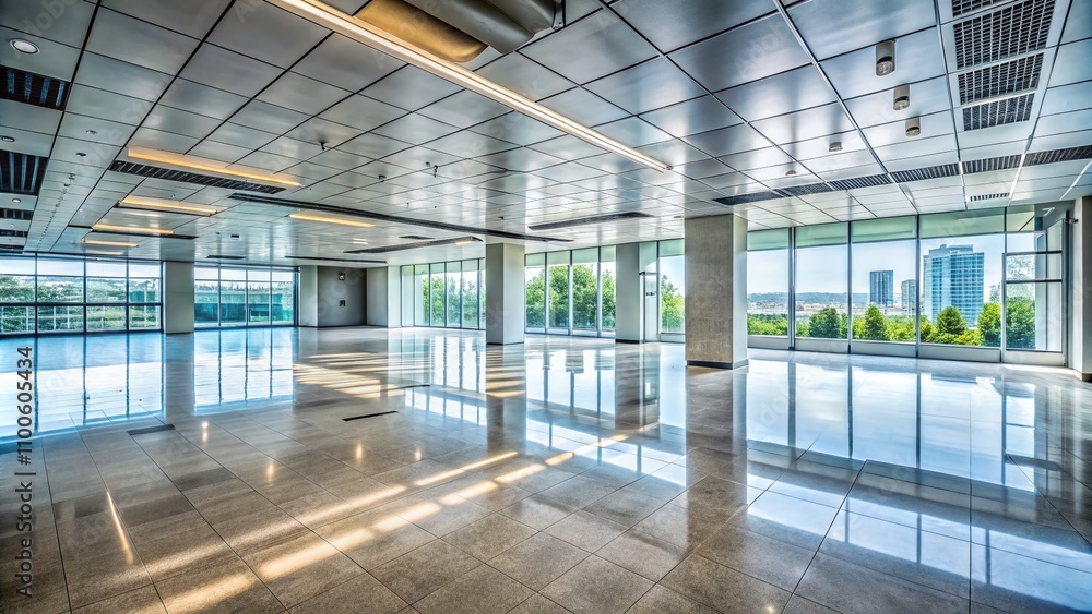 Poster captivating empty floor of a modern office building showcasing minimalist design and expansive space