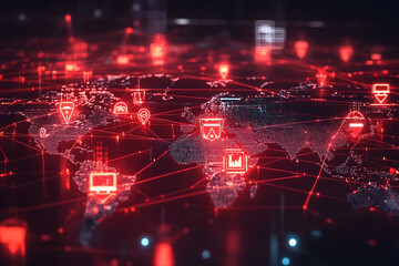 Obraz premium A glowing digital world map with red warning symbols indicating cyberattacks, representing global cybersecurity challenges and risks. 