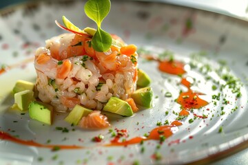 Fresh seafood tartare served with colorful vegetables and garnished with herbs at a gourmet restaurant's dining table