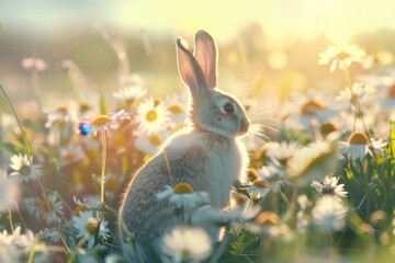 Cute rabbit hopping through a field of wildflowers under warm sunlight on a spring afternoon