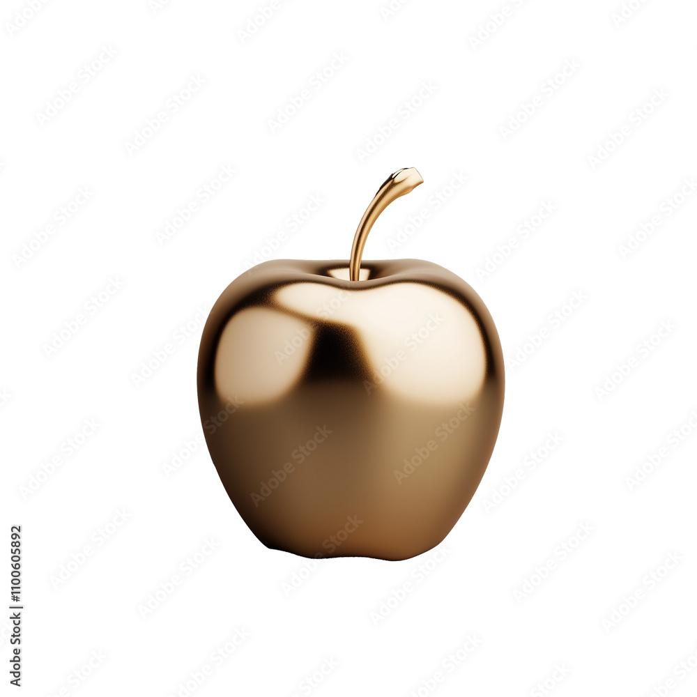 Poster golden apple with shiny surface and curved stem on transparent background