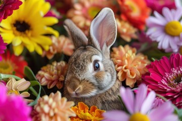 Cute brown rabbit nestled among vibrant flowers during springtime bloom with a colorful display of daisies and zinnias in a garden setting