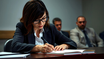 Woman detective writing down the testimony of a suspect indicted in a crime isolated highlighted by white, png