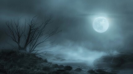 Fototapeta premium Streaks of silver moonlight pierce through the dense fog illuminating the moors with an otherworldly glow creating an eerie and surreal effect.