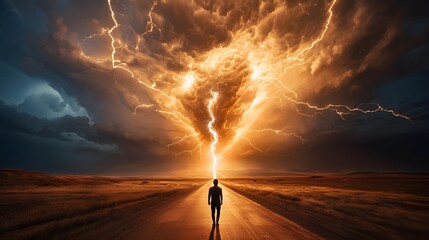 Fototapeta premium A lone traveler walks through a rural road, lightning crackling overhead, momentarily highlighting a monstrous figure in the distance, setting a horror scene