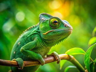 Fototapeta premium Captivating Green Chameleon Camouflaged Against a Lush Green Background, Showcasing Nature's Unique Adaptation and Vibrant Colors in a Stunning Food Photography Style