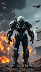 Fototapeta premium A futuristic warrior in exoskeleton armor, standing against a backdrop of explosions and enemy drones