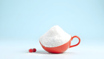 Cup with sugar on light background. Concept of addiction to sweets isolated with white highlights, png