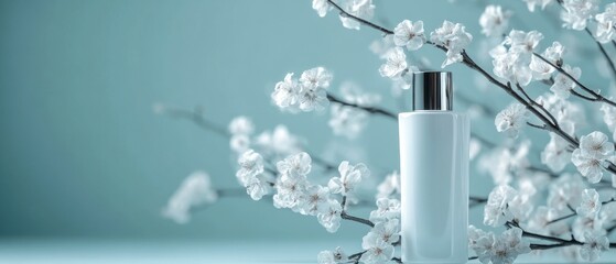 Luxurious serum bottle showcased amidst cherry blossoms on a branch: a celebration of natural beauty and skincare
