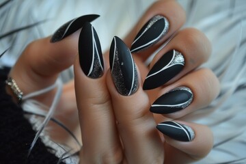 Elegant black matte nails with artistic white and silver geometric designs showcased at a modern nail salon