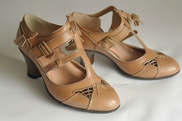 Stylish brown leather high-heeled shoe with ankle straps ideal for formal occasions and vintage-inspired fashion