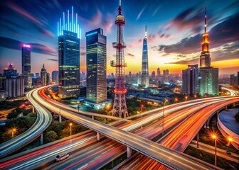 Fototapeta premium Captivating Long Exposure Antenna Designs Showcasing Modern Communication Technology in a Futuristic Urban Landscape at Night with Vibrant Light Trails