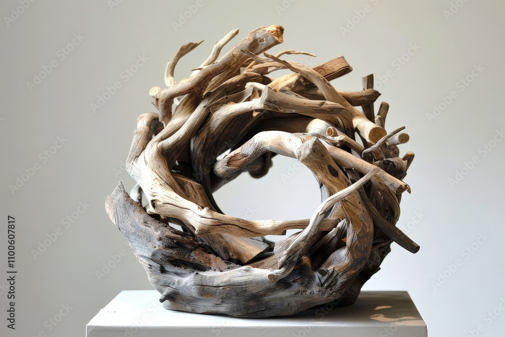 Poster abstract wooden sculpture featuring flowing shapes and natural elements on a solid base displayed in