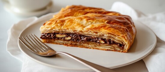 A luxurious version of sweet martabak with golden-brown crust, filled with Nutella and almonds, elegantly served with a fork and napkin, bright studio lighting highlighting its texture 